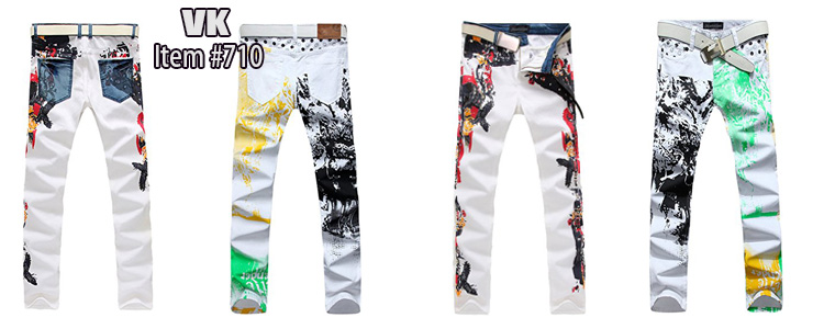 710jeansian Men's Printed Washed Denim Long Straight Skinny-Fit Pants Jeans J229